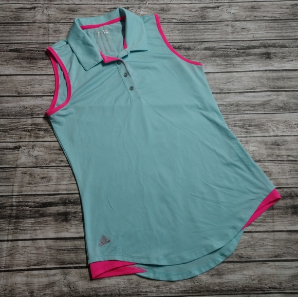 Women's Small Adidas Collared Tank Top Muscle Shirt Blue with Neon Pink Trim, Ex - Picture 9 of 9